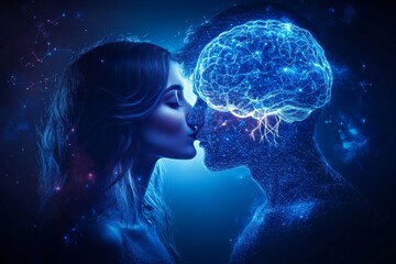 Creative Soul connection Side by side profile view of a young couple with visible brain patterns signifying their intellectual connection understanding and shared thoughts
