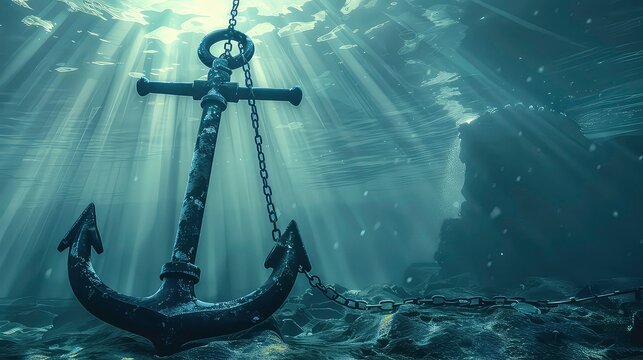 A weathered anchor rests on the ocean floor, illuminated by a shaft of light from above.