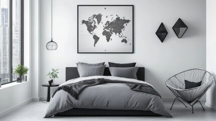 Monochrome poster above bed in Nordic room with chair