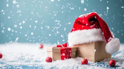 Christmas cheer: gifts, paper, and Santa's hat on blue with snow