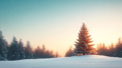 Christmas tree in a winter wonderland with snowflakes falling and copy space for text.
