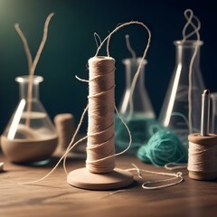 Spool of tan thread and string on the table with scientific flask experiment science