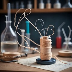 Spool of tan thread and string on the table with scientific flask experiment science