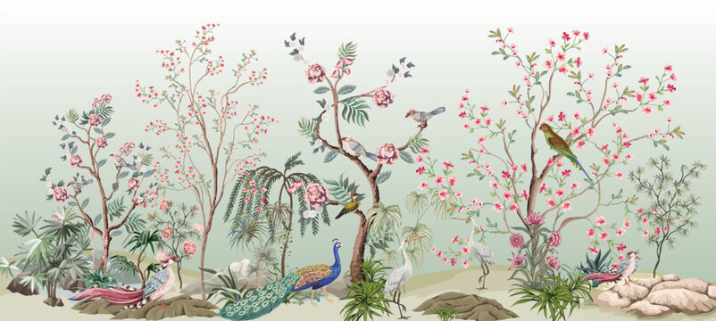 blossom tree With sparrow, finches, butterflies, dragonflies. Seamless pattern, background. Vector illustration. Chinoiserie, traditional oriental botanical motif. Mughal Plants, Peacock.