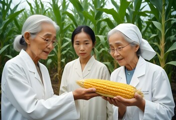 Agricultural Research: old female Scientists Inspecting a Corn Crop. corn ear holding with farmer looking
