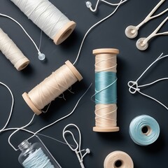 Flat Lay of Sewing Supplies: Spools of Thread, Needles, and Tools