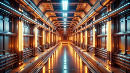 Fototapeta premium Futuristic corridor with glowing orange tubes and metallic structures