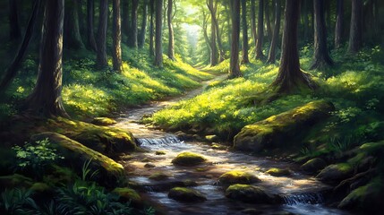 Obraz premium A tranquil forest glade with a gentle stream, moss-covered rocks, and dappled sunlight 