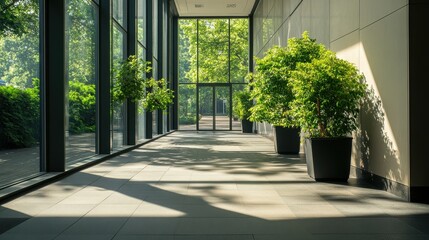 Bright, modern hallway with large windows, showcasing greenery and natural light for an inspiring indoor environment.