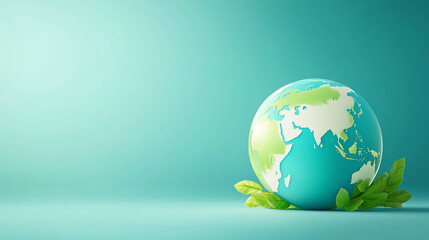 A vibrant globe representing Earth, surrounded by green leaves on a calming turquoise background, symbolizing environmental awareness.
