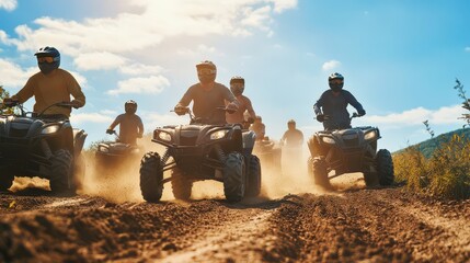 A group of friends riding ATVs on a dirt trail, enjoying an adventure under a blue sky