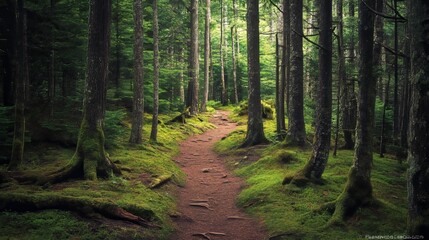 Tree-lined trail through a mossy mountain forest.