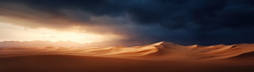 A stunning desert landscape illuminated by the golden glow of sunset, contrasting against dramatic dark clouds above.