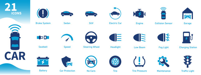 Car icon. Collection of icons about electric cars, SUVs, sedans, car systems, car lights, engine. Solid vector icons. © icon