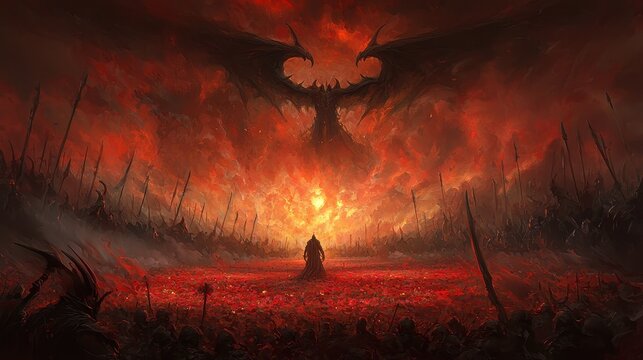 Fantasy Dragon Battle Artwork with Silhouette of Warrior in Red Field