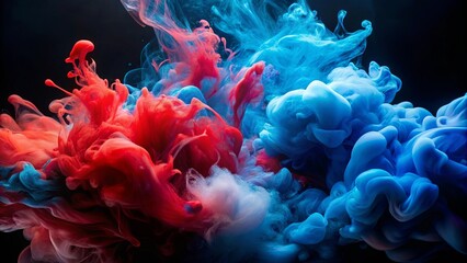 Fototapeta premium Abstract background of swirling acrylic blue and red colors in water with ink blot on black backdrop