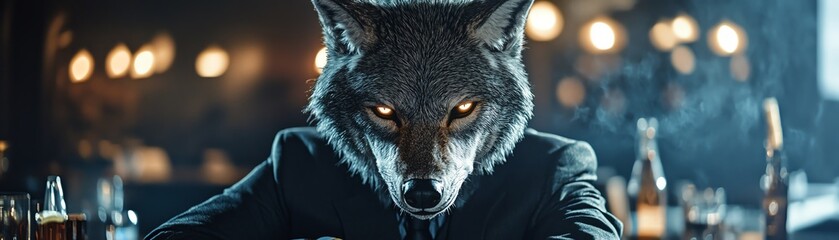 A mysterious wolf character in a suit, sitting confidently at a bar, exuding intrigue and charisma in a dimly lit setting.