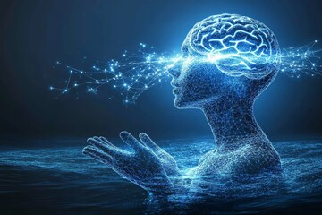 Mind balance Adore A figure submerged in water with an illuminated brain symbolizing the depth of thoughts the subconscious mind and the fluid nature of human cognition