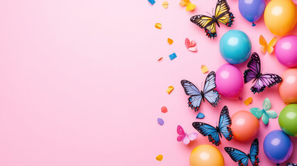 happy birthday banner background with butterflies and colored balloons on a pink background. for a girl's birthday. the image is on the right with space for text on the left, high definition image
