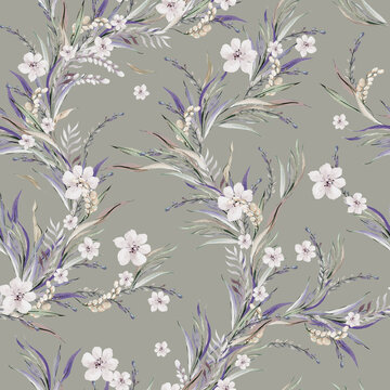 Beautiful watercolor seamless pattern with fowers and  leaves.