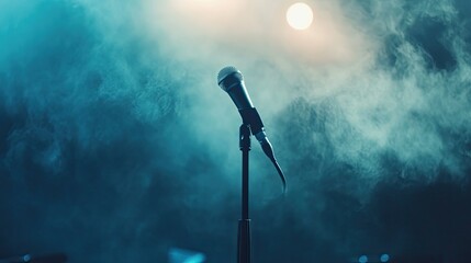 Obraz premium A close-up of an empty microphone stand on stage, illuminated by concert lighting and fog