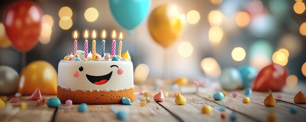 A close up of a happy birthday cake with candles and balloons featuring a smiling face on the frosting The cake is surrounded by colorful sprinkles making it perfect for a birthday celebration