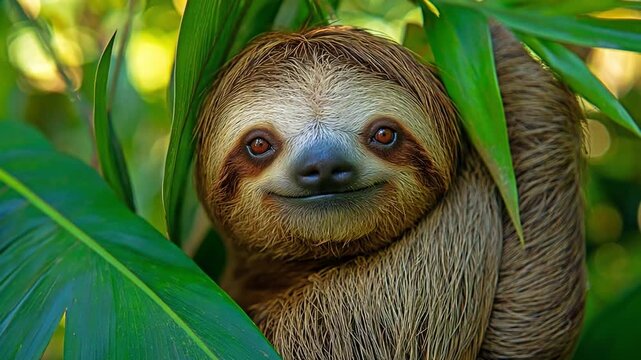 A close-up portrait of a cute sloth nestled among vibrant green leaves in a tropical jungle.
