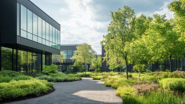 A modern landscape featuring lush greenery and elegant architecture under a bright sky, perfect for nature and design lovers.