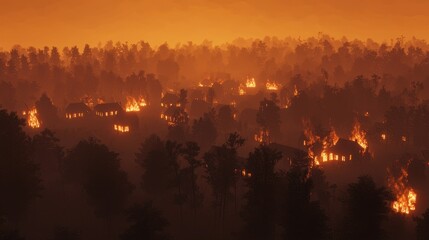 Obraz premium Burning Houses in a Forest Fire at Night