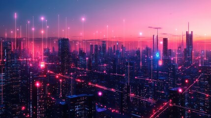 Fototapeta premium High-tech city infrastructure with glowing lines connecting buildings, representing advanced transport and communication networks.
