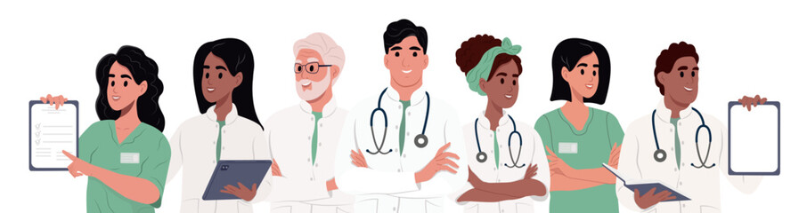 Set of diverse doctors characters. Team of doctors, group medical portrait. Male and female medical workers - doctors, physicians, paramedics, nurses isolated on white background.