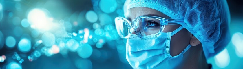 A focused medical professional wearing protective gear, showcasing determination and commitment in a clinical environment.