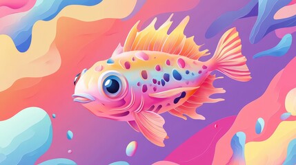 Fototapeta premium A floating puffer fish in an abstract, colorful background with soft gradients and fluid shapes, creating a sense of weightlessness.