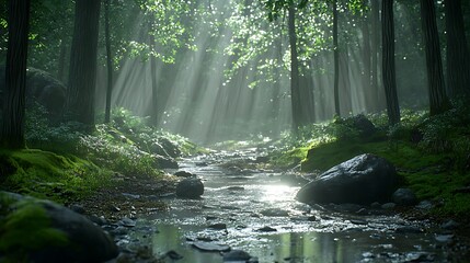 Obraz premium A tranquil forest glen with a small stream, moss-covered rocks, and beams of sunlight filtering through the trees