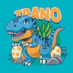 Cute Funny Tyrannosaurus Rex Dinosaur Character in Hand Drawn Vector Cartoon Illustration Design for sticker, badge, patch, banner, greeting card, invitation