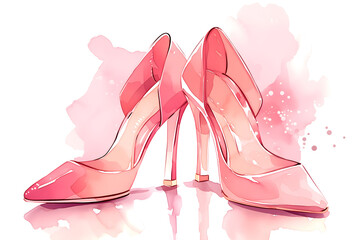 Pink high heeled shoes in watercolor style. Fashion illustration of high heels. Romantic coquette drawing