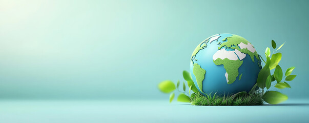 Beautiful globe surrounded by fresh leaves, symbolizing environmental conservation and nature's harmony on a soft background.