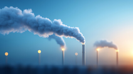 Obraz premium Beautiful landscape showcasing factory smokestacks emitting clouds, highlighting industrial pollution against the serene sunset.