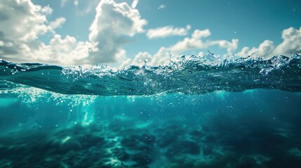 Fototapeta premium Underwater wave with sunlit clouds.