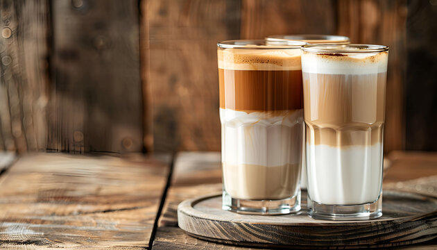 glasses of latte macchiato coffee on a wooden background