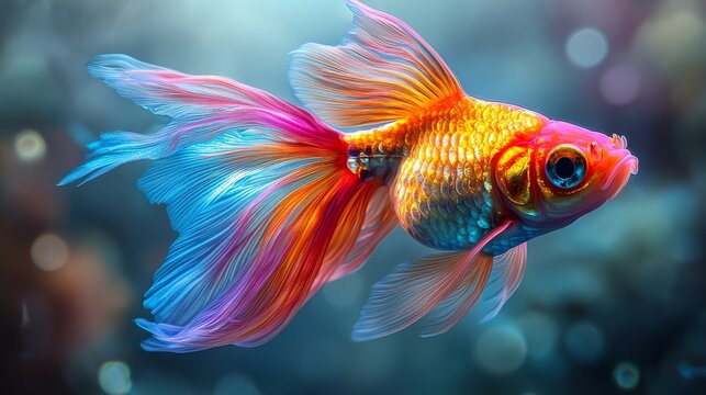 Rainbow Fin Goldfish: A mesmerizing close-up of a vibrant goldfish, showcasing its iridescent fins in a kaleidoscope of colors against a soft, blue and bokeh background, creating a sense of wonder and