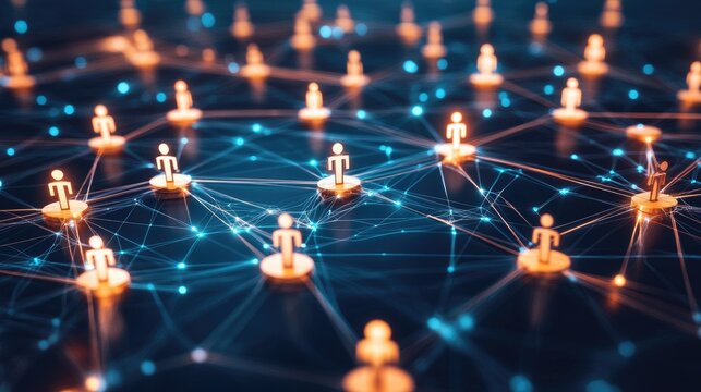 Leaders connecting nodes in a digital HR network, representing the influence of leadership in shaping organizational structure.