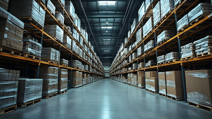 Fototapeta premium A long aisle in a warehouse with shelves stacked with cardboard boxes.