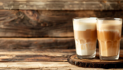 glasses of latte macchiato coffee on a wooden background