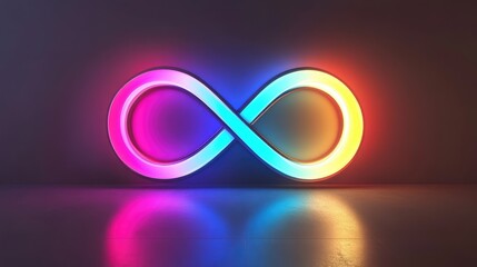 A glowing infinity sign with multicolored gradients, representing endlessness, set against a minimalist backdrop.
