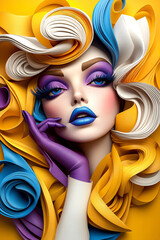 A 3D cinematic front-facing portrait of a beautiful, elegant woman with long hair, featuring a kouign paper cut style. The color palette includes matte burgundy, dark blue, gold, and purple, with the 