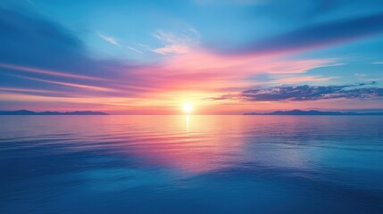 A stunning blue sunset over a calm ocean, with the sky and water blending seamlessly