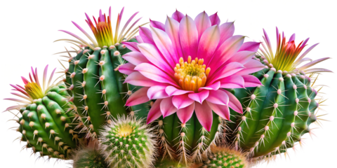 Colorful blooming cactus arrangement with vibrant flowers in spring, cut out transparent