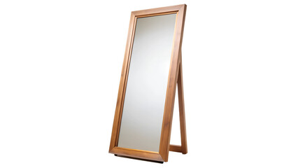 Full-length wooden mirror standing on a carpeted floor indoors, cut out transparent