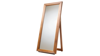 Full-length wooden mirror with a sleek design in a bright room, cut out transparent